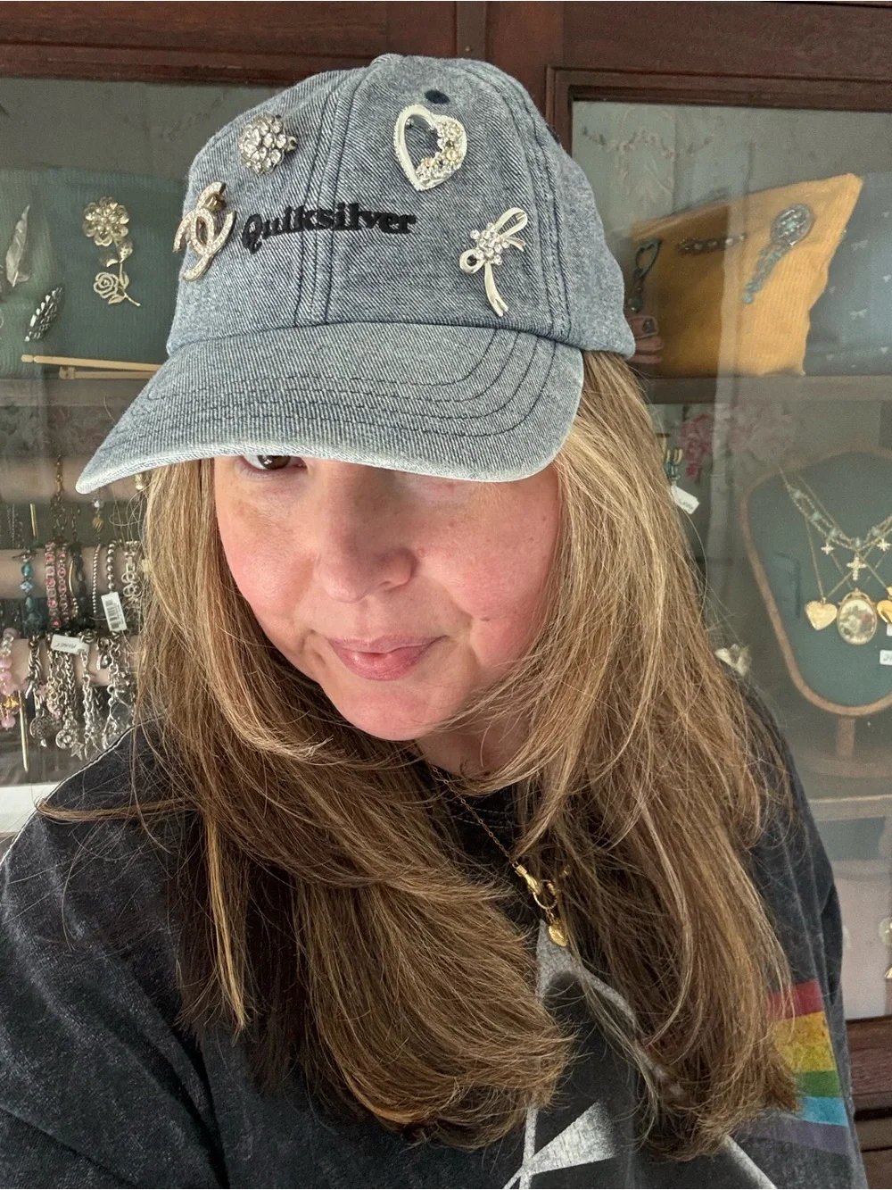 Quiksilver Denim Baseball Cap with Crystal & Metal Pins - Blue
